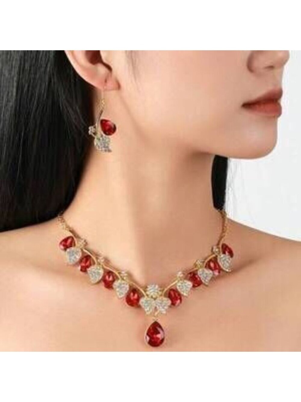 Womens 2 Pcs Crystal Clavicle Chain Earrings Set Valentine Anniversary Birthday - Picture 2 of 4